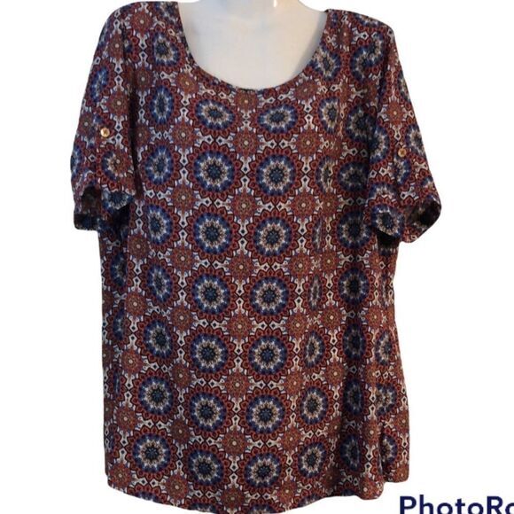 Evan Picone womens top Sz 14 boho pullover all over print red‎ white blue - Picture 1 of 5